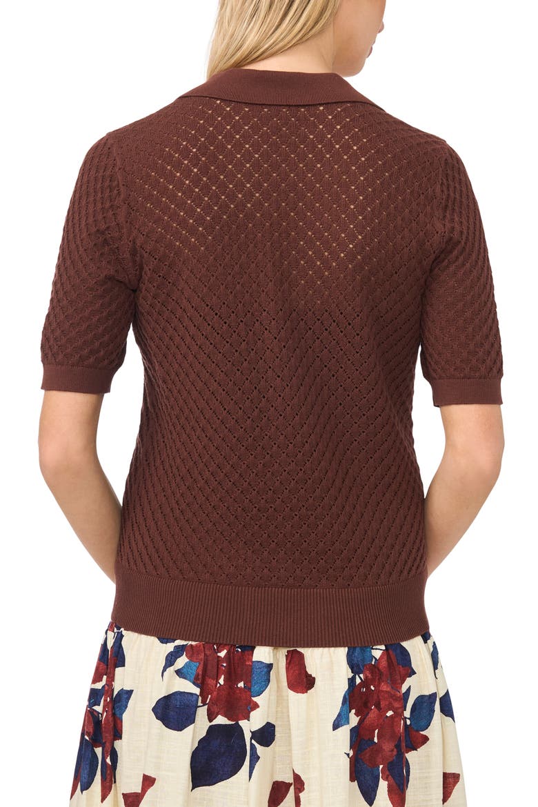 Pointelle Short Sleeve Cotton Polo Sweater, Alternate, color, CHOCOLATE FUDGE