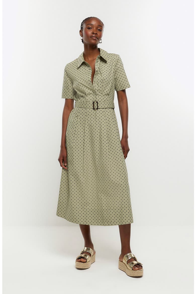Polka Dot Belted Cotton Shirtdress, Alternate, color, KHAKI