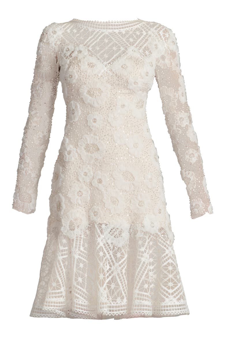 Rhinestone Embroidered Long Sleeve Cocktail Dress, Alternate, color, IVORY/ PETAL