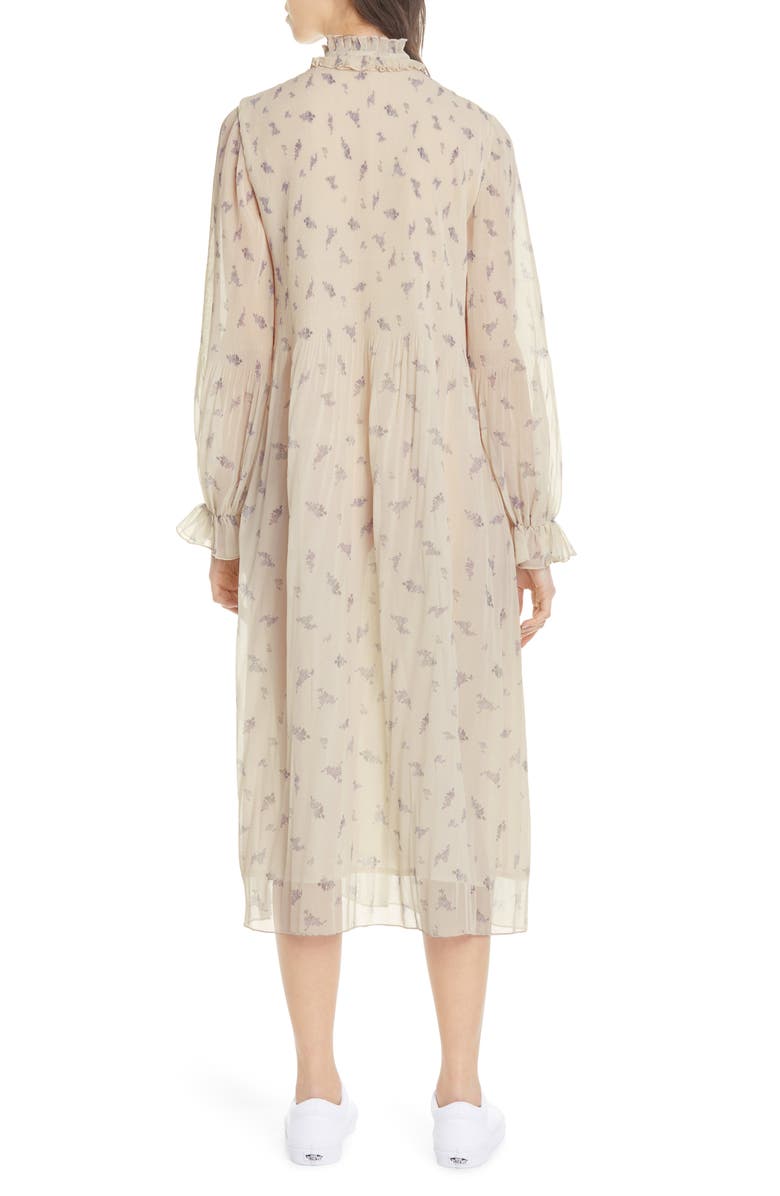 Ganni Floral Print Pleated Georgette Long Sleeve Midi Dress, Alternate, color, 