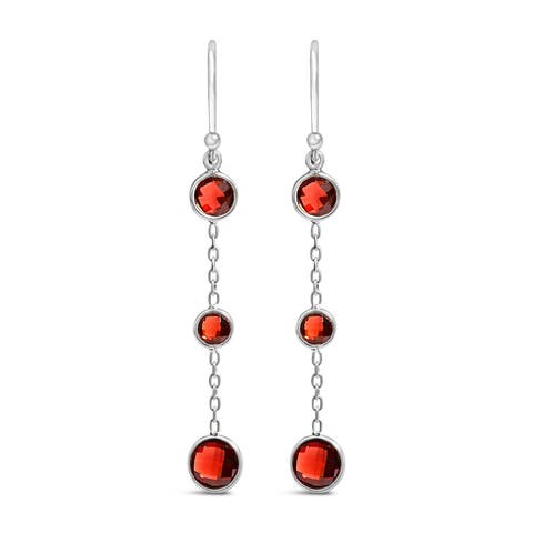 .925 Sterling Silver Graduating Bezel Set Red Garnet Dangle Earring