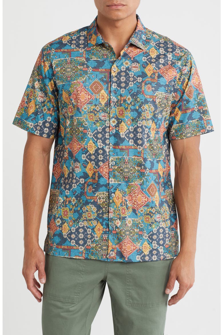 Ankara Short Sleeve Cotton Button-Up Shirt, Main, color, NAVY