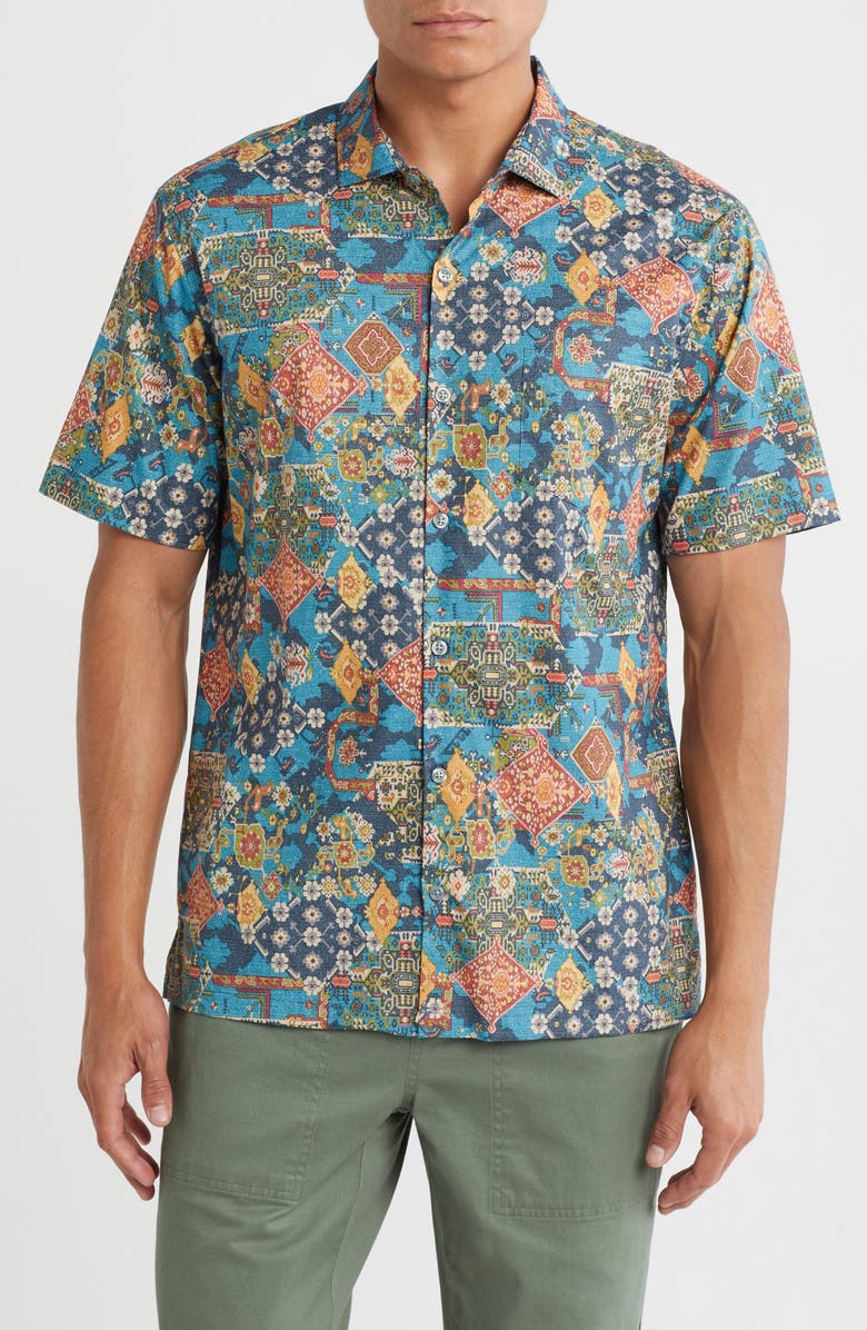 Tori Richard Ankara Short Sleeve Cotton Button-Up Shirt, Main, color, Navy