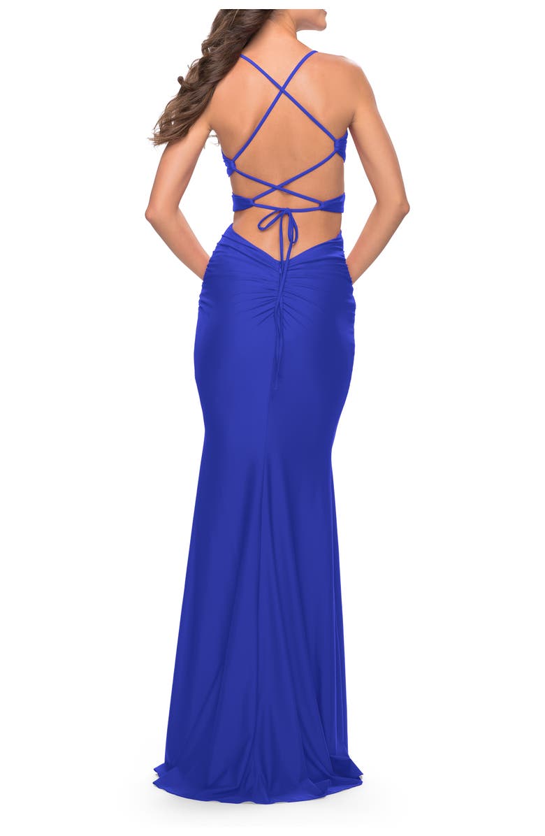 La Femme Side Cut Out Jersey Dress with Strappy Back, Alternate, color, Royal Blue