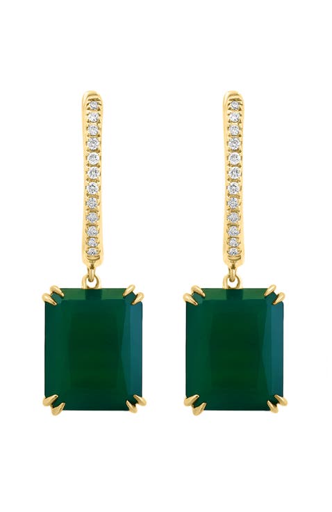 14K Yellow Gold Emerald Cut Green Onyx Diamond Earrings