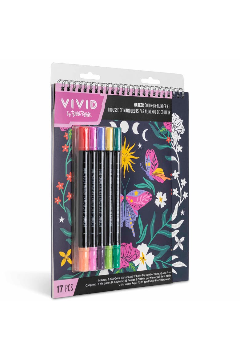 Vivid by Brea Reese Marker Color By Number Kit, Whimsical Botanicals, 5 Markers, Alternate, color, Multicolored