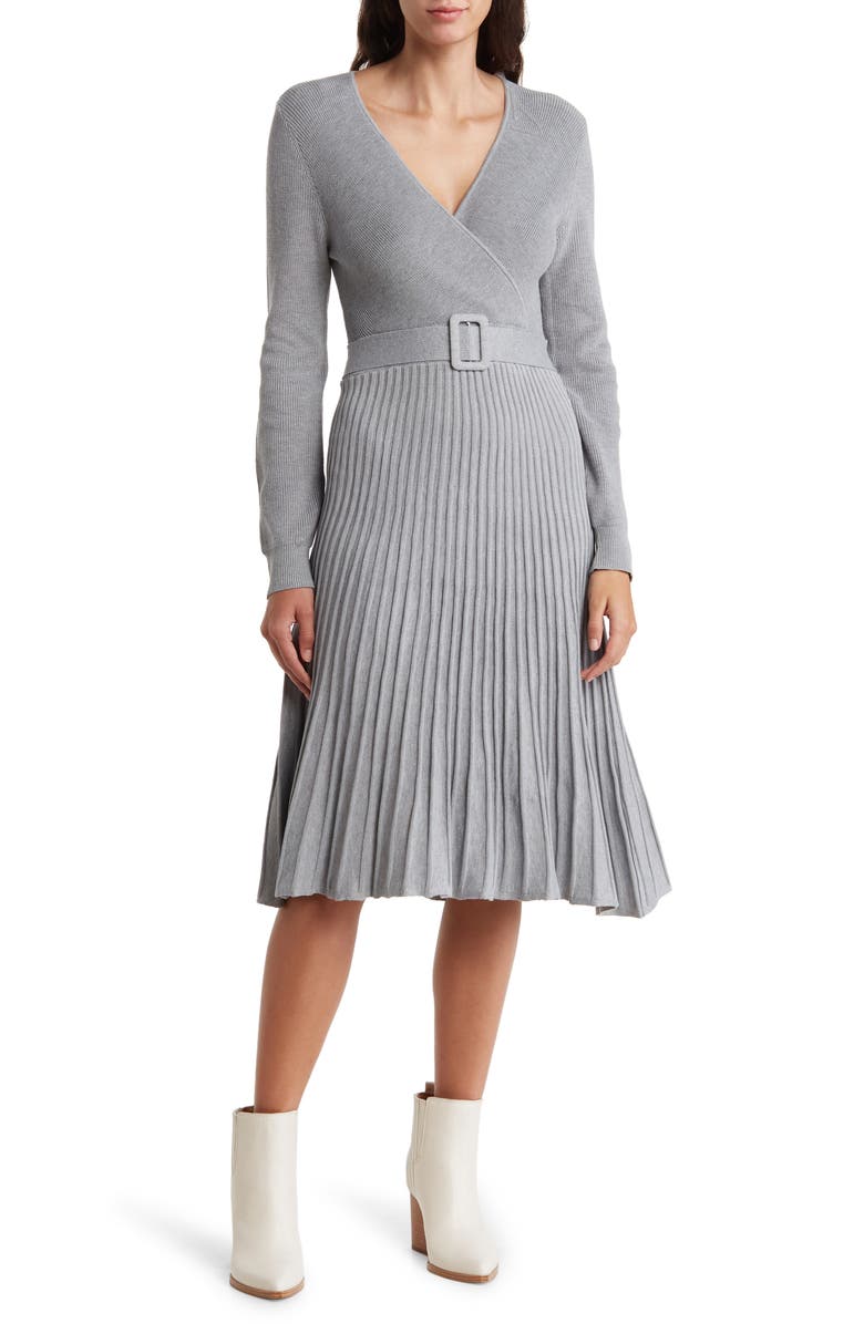 Robbie Bee Long Sleeve Belt Rib Sweater Dress, Main, color, 