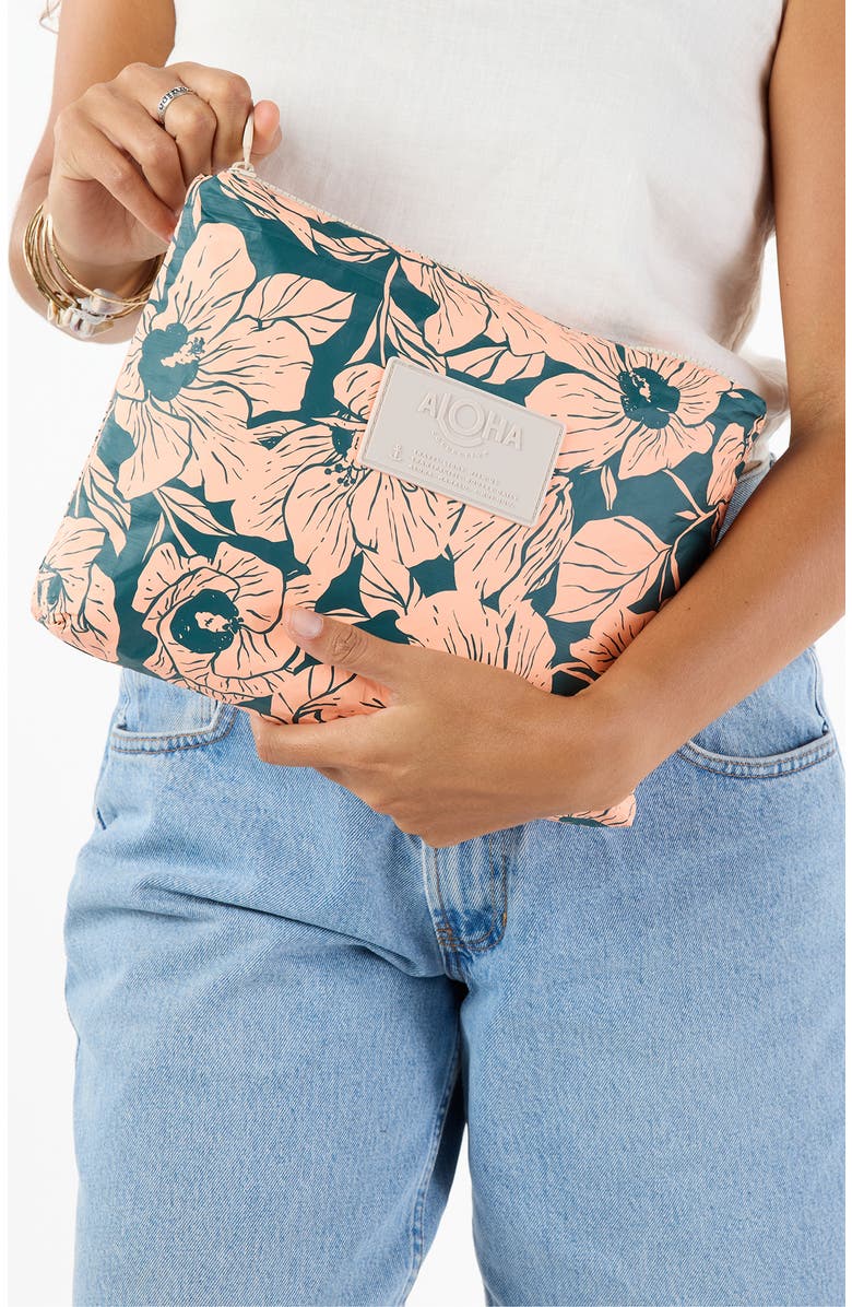 Aloha Collection Mid Flor Del Mar Water Resistant Tyvek<sup>®</sup> Zip Pouch, Alternate, color, Dark Teal/ Peachy