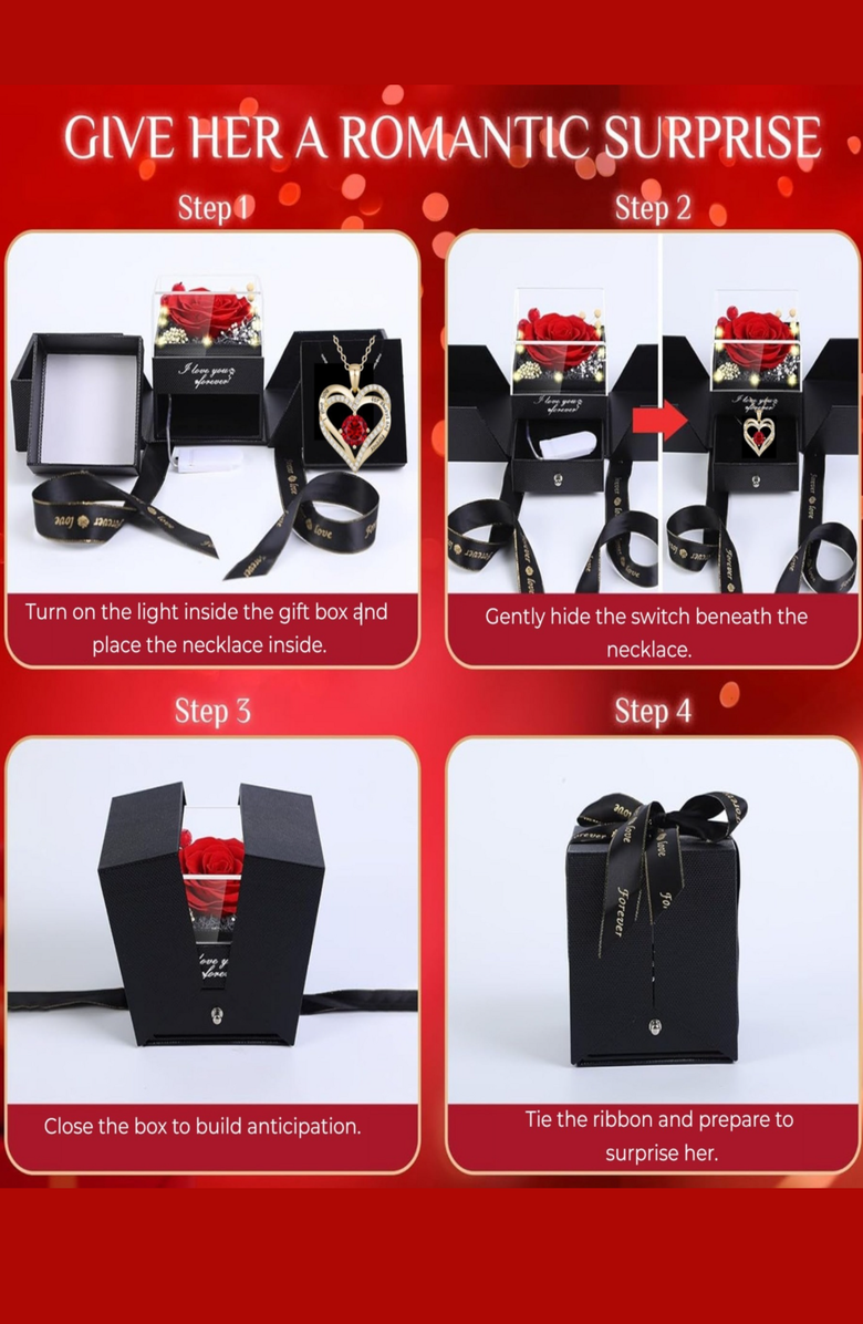Lovery Valentines Preserved Red Rose with LED Lights & 14K Gold Plated Double Heart Ruby Necklace, Alternate, color, Black, Red