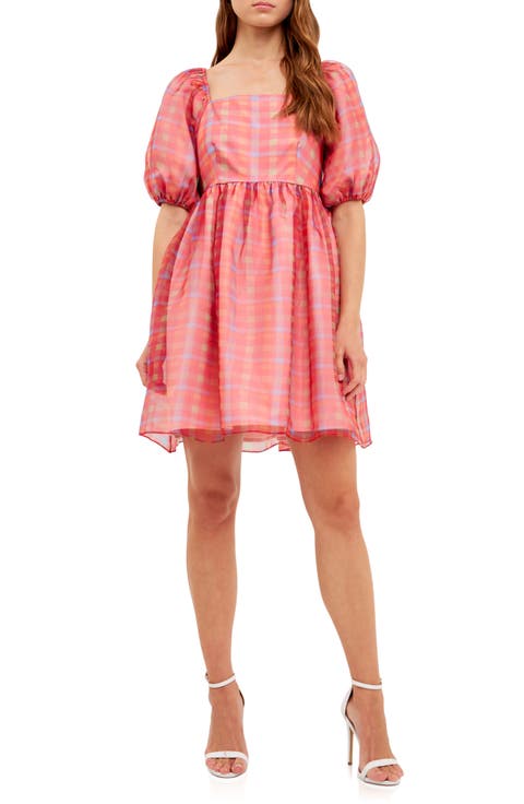 Checker Print Puff Sleeve Babydoll Minidress