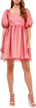 Endless Rose Checker Print Puff Sleeve Babydoll Minidress