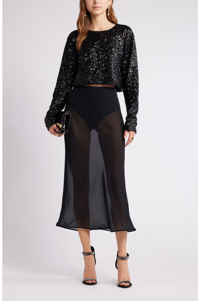Sheer Chiffon Midi Skirt, Alternate, color, BLACK