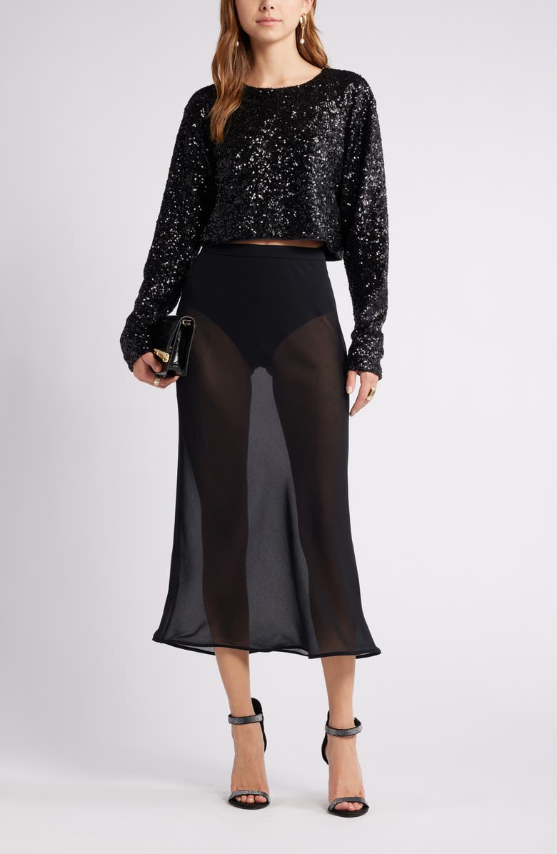 Open Edit Sheer Chiffon Midi Skirt, Alternate, color, Black