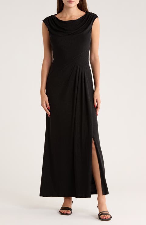 Metallic Cowl Neck Cap Sleeve Maxi Dress