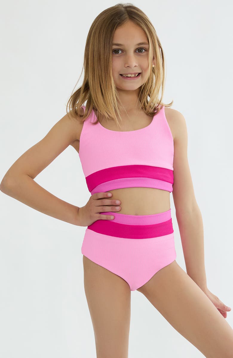 Beach Riot Little MacKenzie & Heidi Rib Two-Piece Swimsuit, Alternate, color, Peak Pink Colorblock