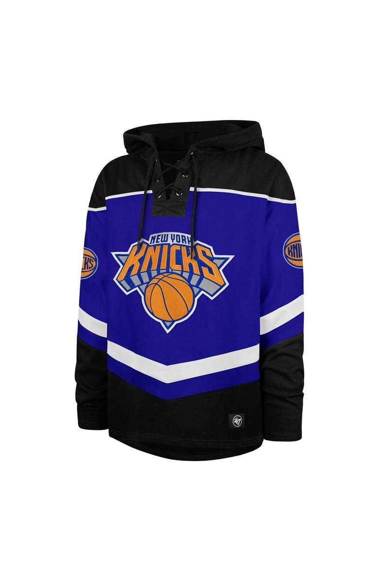 '47 Men's '47 Blue New York Knicks Oversized Tri-Satin Layup Lacer Pullover Hoodie, Alternate, color, 