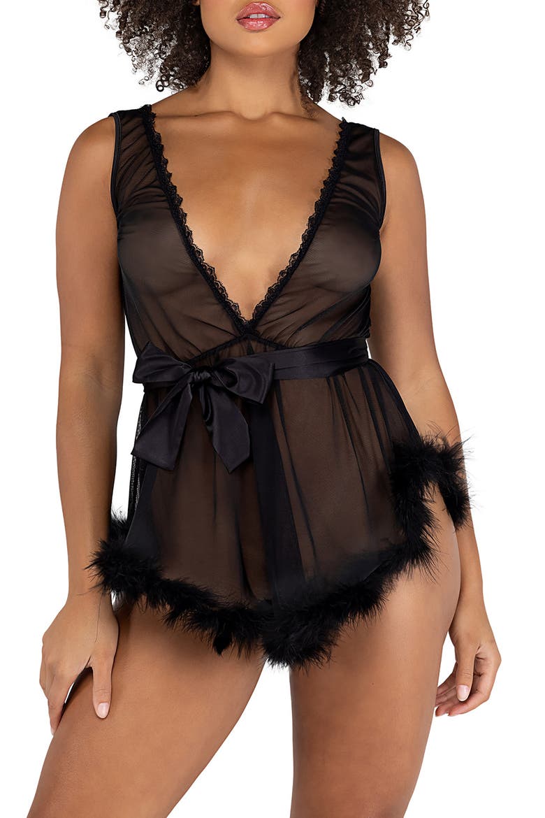 Feather Trim Babydoll Chemise, Main, color, BLACK