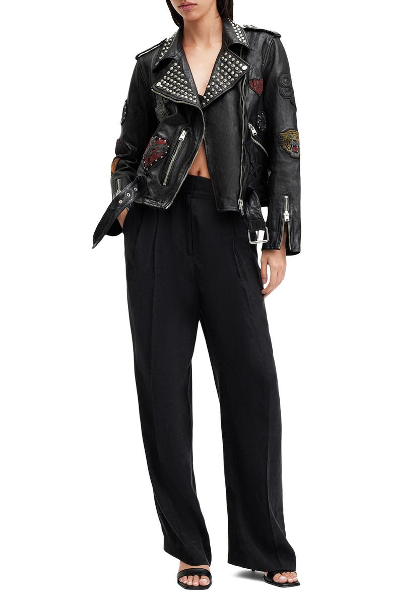 AllSaints College Stud Detail Leather Biker Jacket, Alternate, color, Black