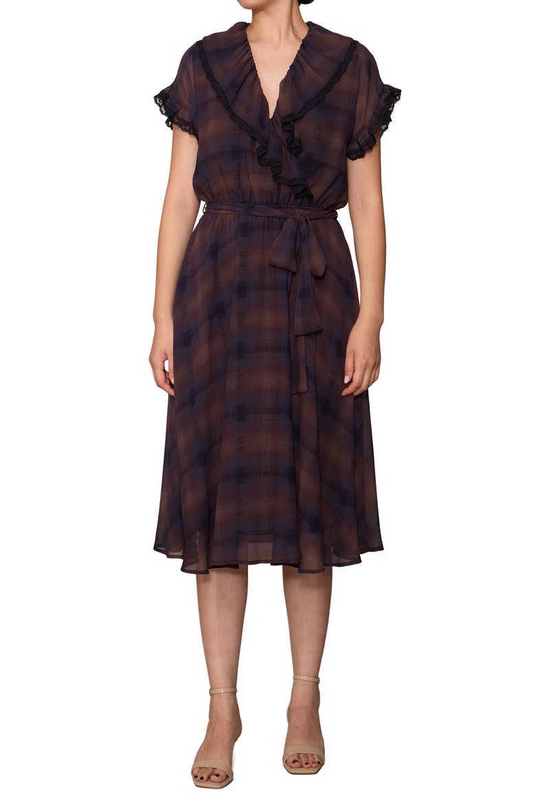 Lace Trim Plaid Midi Dress, Main, color, BROWN/ NAVY PLAID