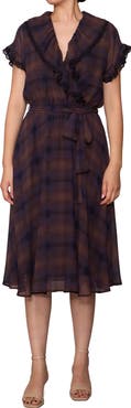 MELLODAY Lace Trim Plaid Midi Dress
