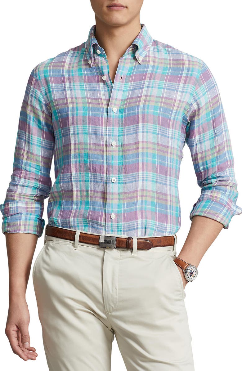 Polo Ralph Lauren Plaid Linen Button-Down Shirt, Main, color, Purple/ Blue Multi
