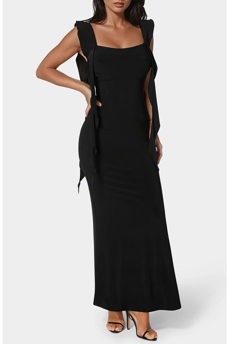 Cascade Ruffle Sleeveless Jersey Maxi Dress, Main, color, BLACK