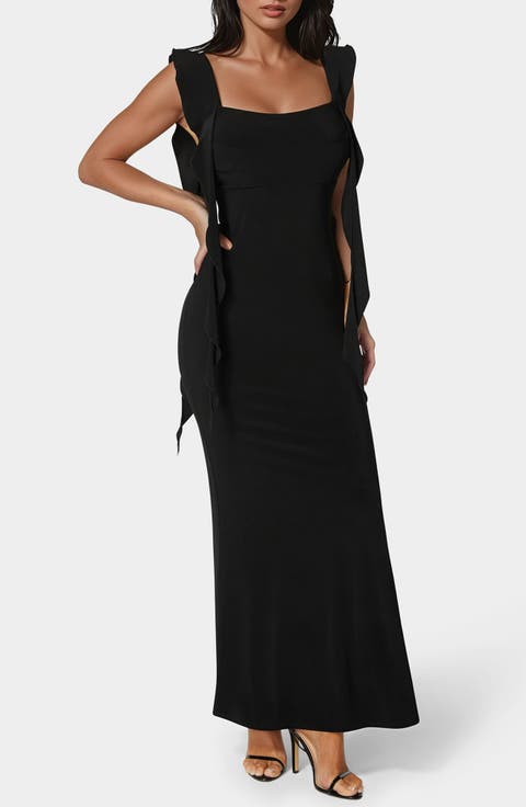 Cascade Ruffle Sleeveless Jersey Maxi Dress