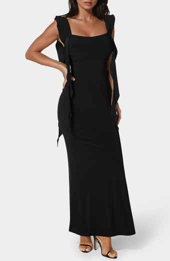 bebe Cascade Ruffle Sleeveless Jersey Maxi Dress