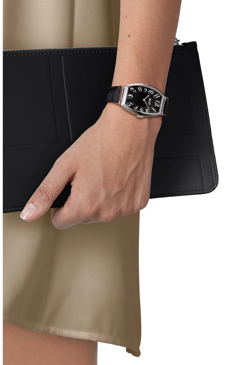 Heritage Porto Leather Strap Watch, 42.5mm x 31mm, Alternate, color, BLACK/ SILVER