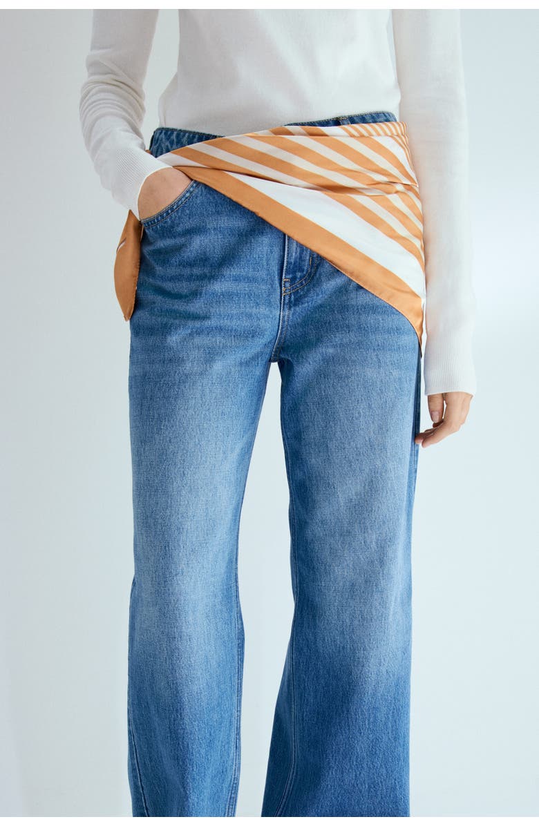 H&M Straight High Waist Scarf-detail Jeans, Alternate, color, Denim Blue/Orange