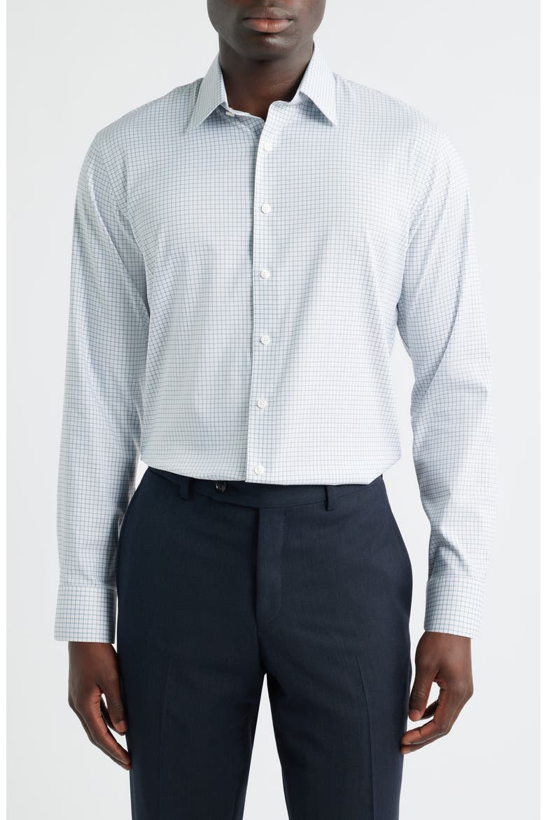 Trim Fit Check Premium Performance Twill Dress Shirt, Main, color, BLUE- BROWN CRISTO PLAID