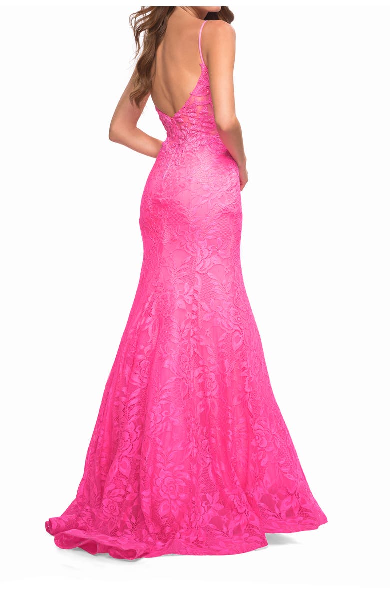 La Femme Neon Pink Mermaid Lace Prom Dress with Sheer Jeweled Bodice, Alternate, color, Neon Pink