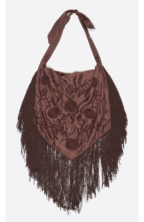 Embroidered fringed shoulder bag
