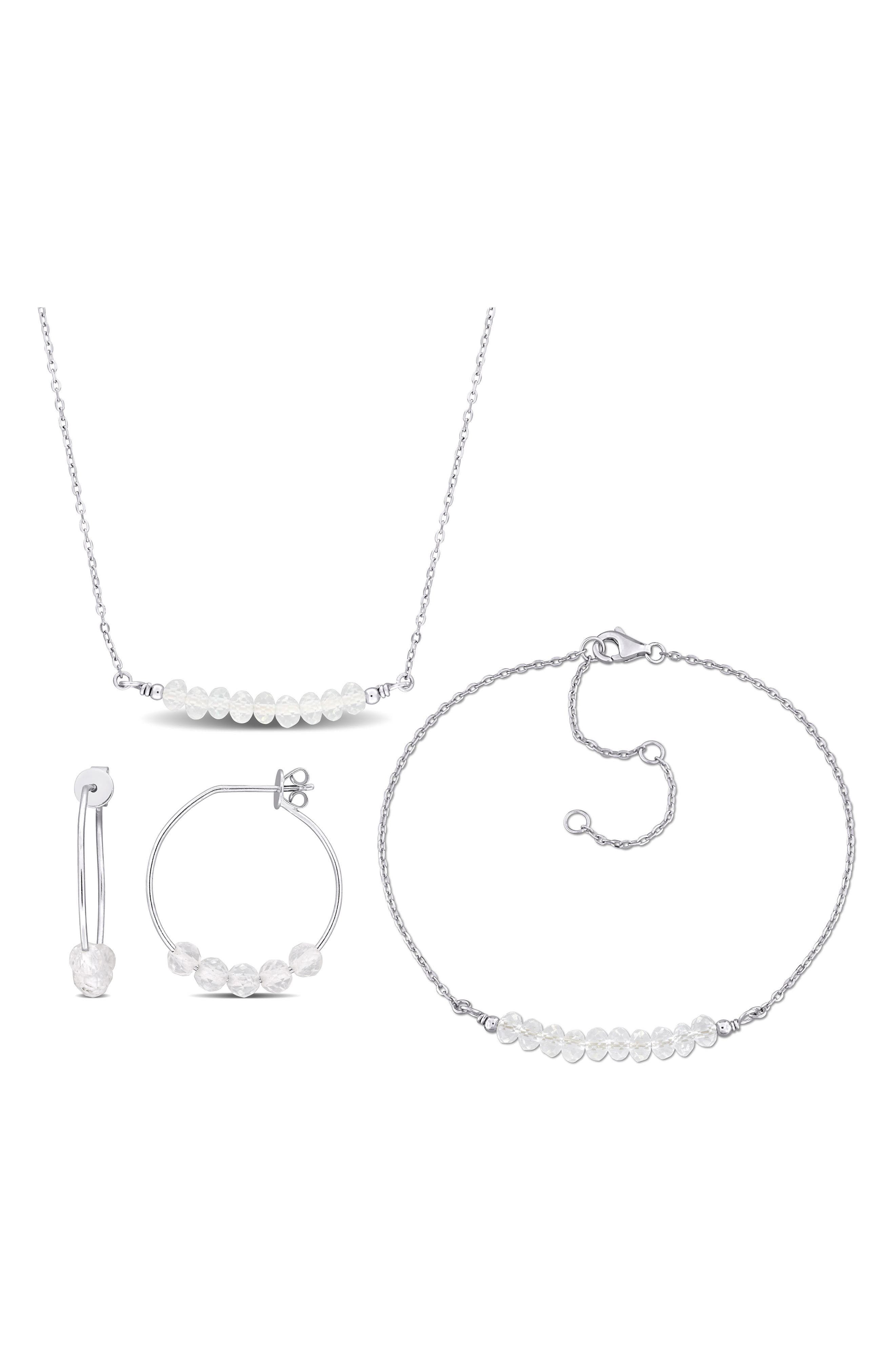 DELMAR White Topaz Beaded Earrings, Bracelet & Necklace Set