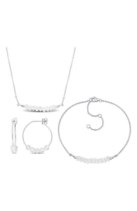 White Topaz Beaded Earrings, Bracelet & Necklace Set