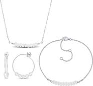 DELMAR White Topaz Beaded Earrings, Bracelet & Necklace Set