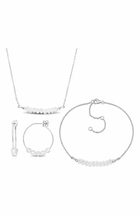 DELMAR White Topaz Beaded Earrings, Bracelet & Necklace Set