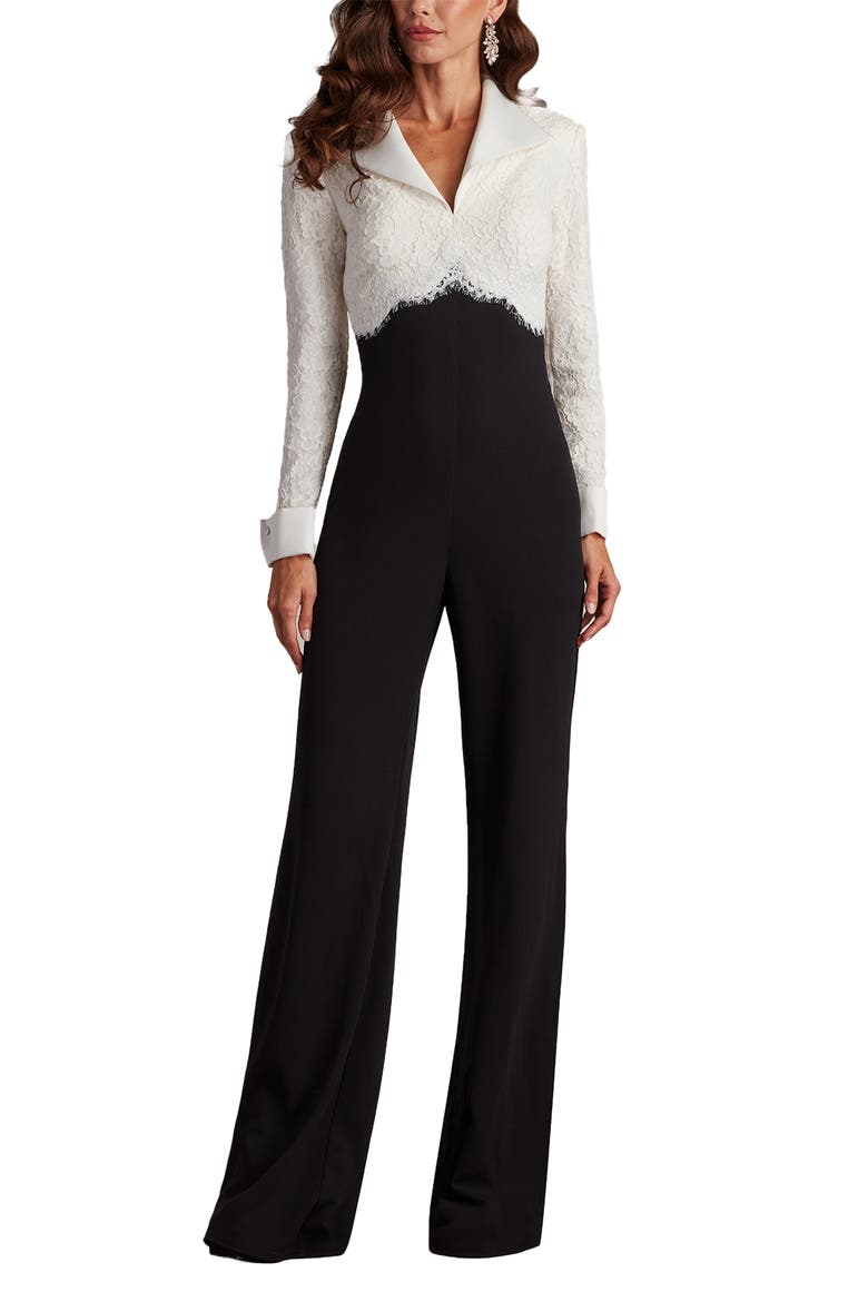 Cotton Blend Lace & Crepe Jumpsuit, Alternate, color, IVORY/ BLACK