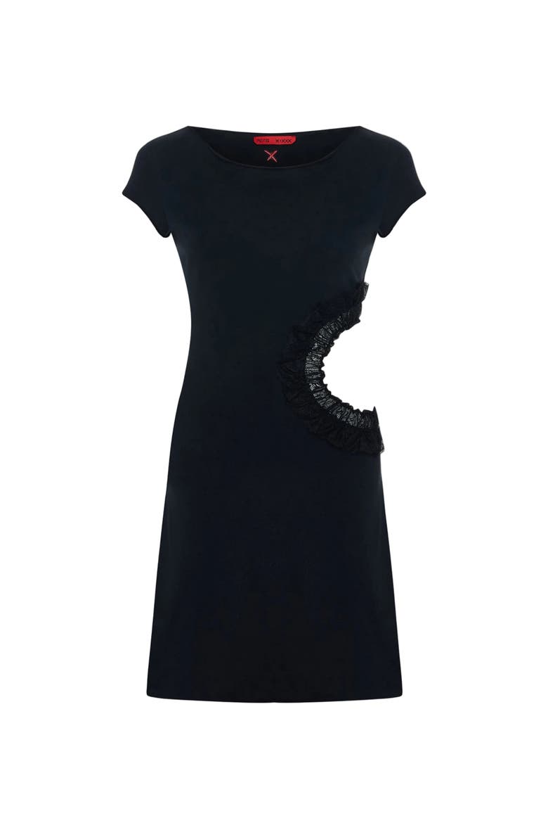 Daydreamers Short Sleeve Lace Detail Mini Dress, Main, color, BLACK