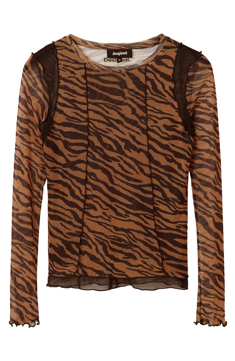 Desigual Leopa Zebra Stripe Long Sleeve Tulle Top, Alternate, color, 