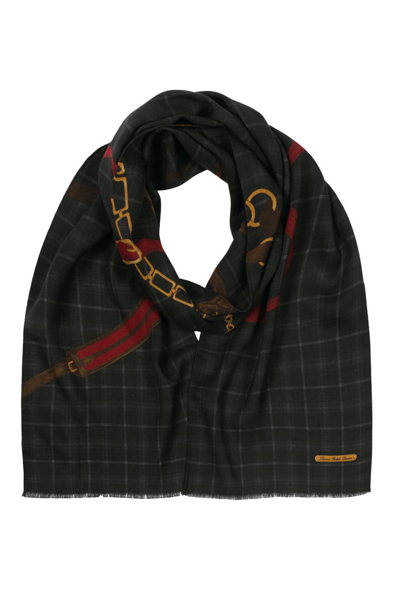 Equestrian Tattersall Wool Scarf, Main, color, BLACK