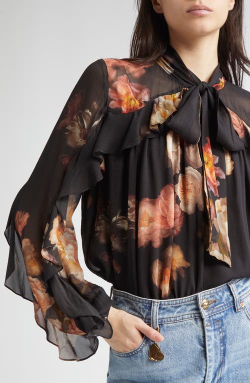 Zimmermann Hypnotic Floral Print Ruffle Georgette Top In Black