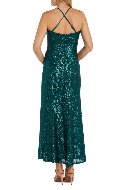 Morgan & Co. Cowl Neck Sequin Crossback Body-con Gown In Emerald
