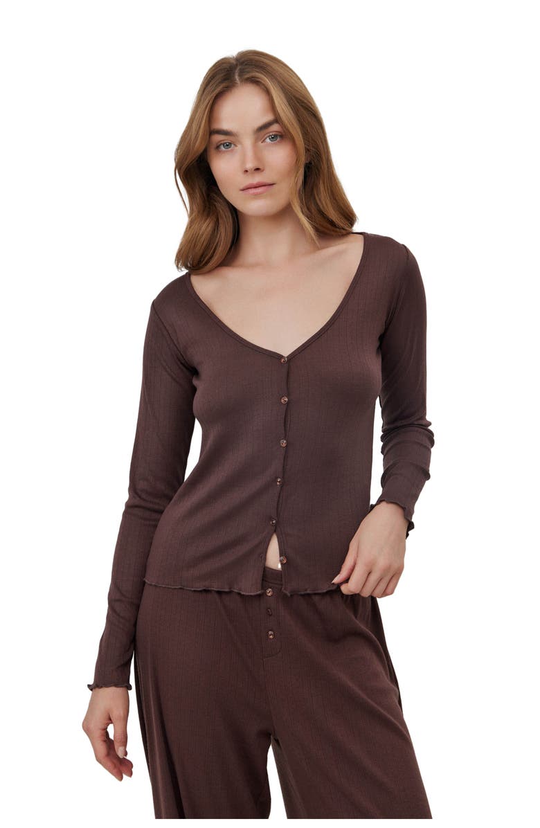 Gottex Beach Life Daydream Pointelle Buttoned Loungewear Top, Main, color, Brown