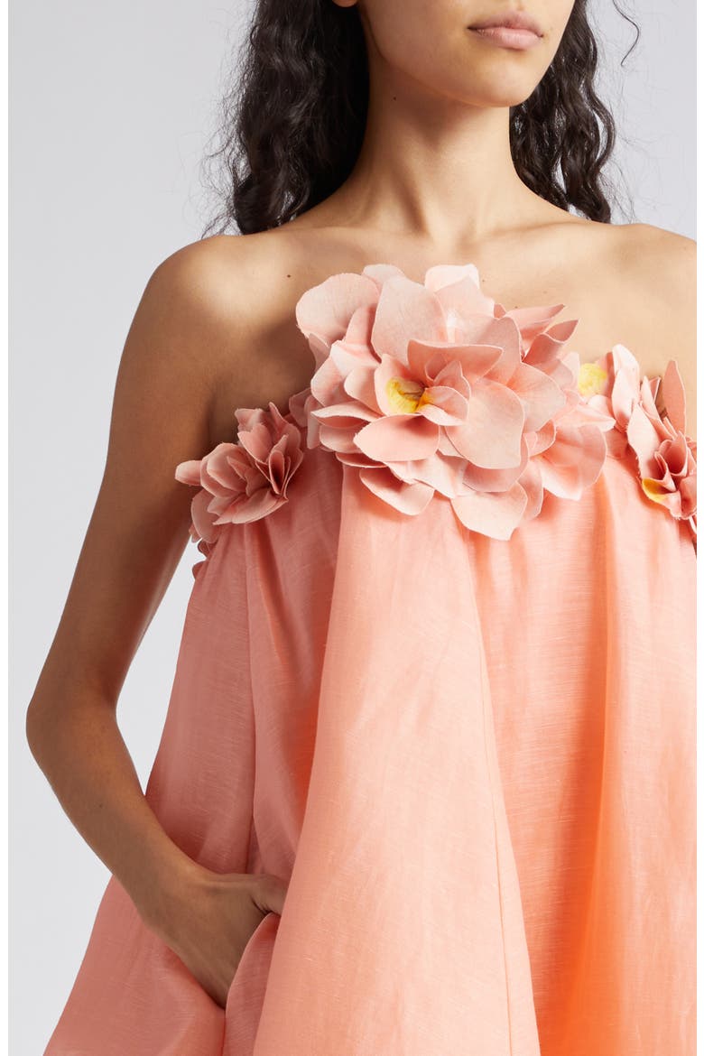 Natura Floral Appliqué Strapless Linen & Silk Minidress, Alternate, color, CORAL