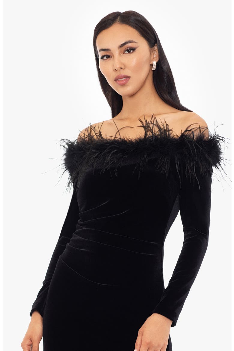 Feather Trim Off the Shoulder Long Sleeve Scuba Maxi Dress, Alternate, color, BLACK
