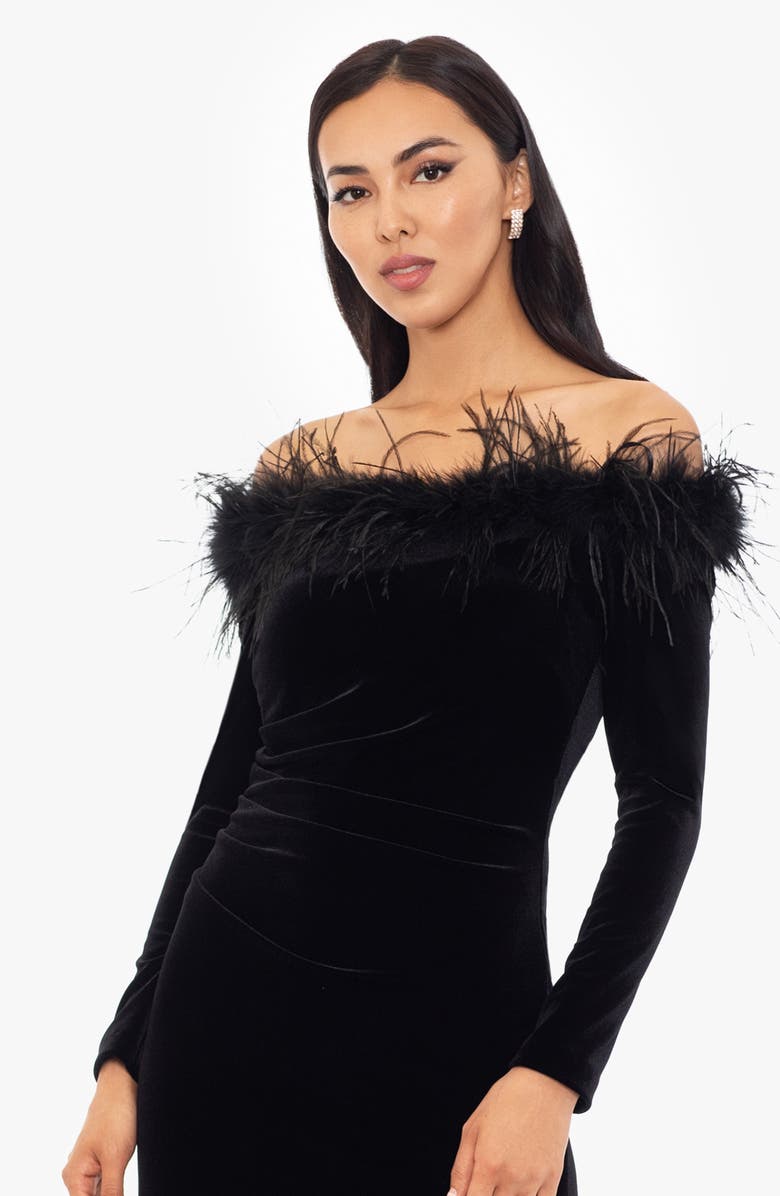 Xscape Evenings Feather Trim Off the Shoulder Long Sleeve Scuba Maxi Dress, Alternate, color,