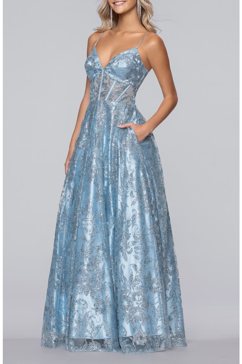Jill Glitter Mesh Corset Gown, Alternate, color, LIGHT BLUE