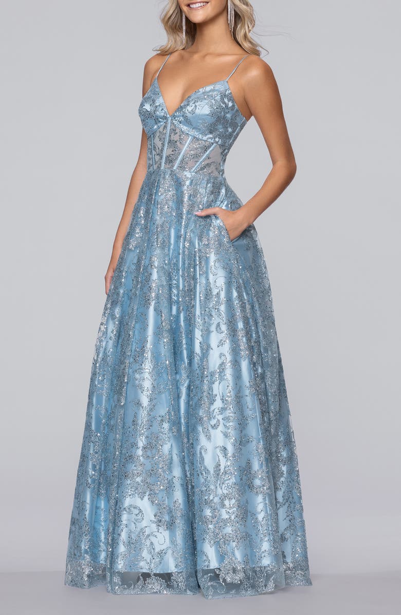 Blondie Nites Jill Glitter Mesh Corset Gown, Alternate, color, Light Blue