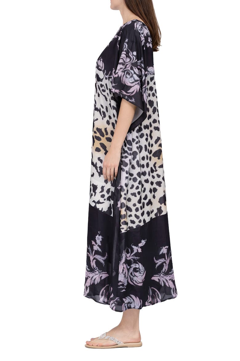 Animal Print V-Neck Maxi Caftan, Alternate, color, BLACK